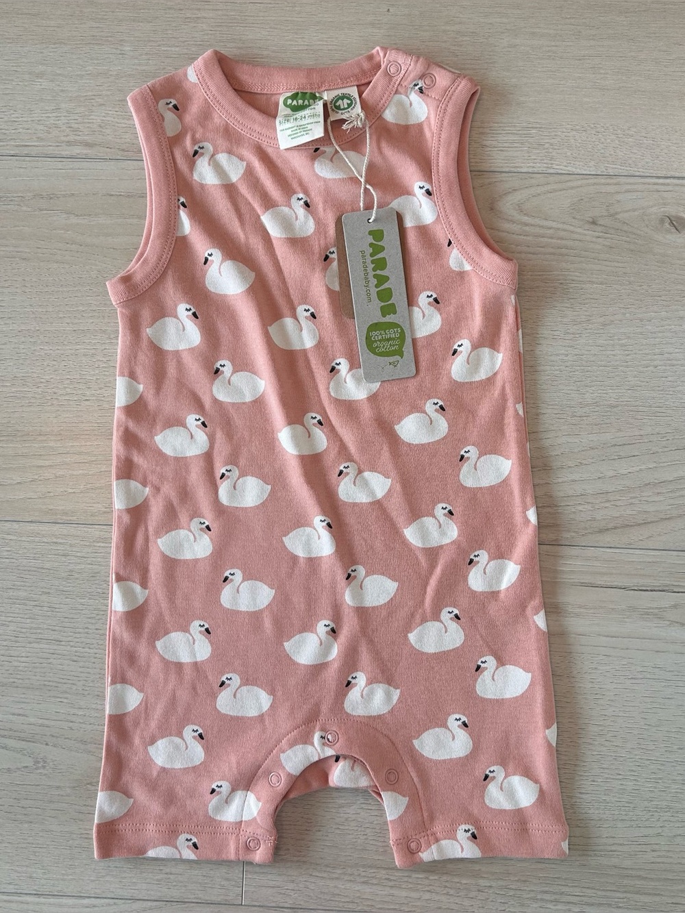 NWT Parade Organics Pink Swan Print Romper 18-24 months
